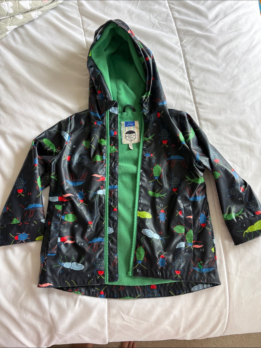 Joules Kids Navy Raincoat with Green Fleece Lining and Bug Print size 5